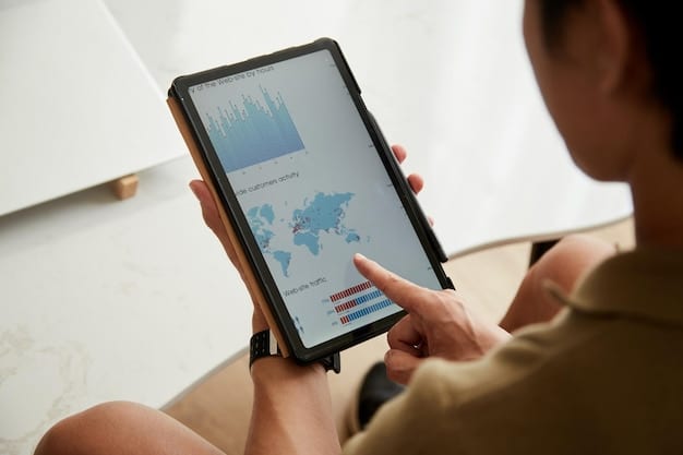 A close-up shot of a digital tablet displaying a sophisticated AI tool interface, with charts and data visualizations indicating content performance analysis. The scene is set in a bright, modern workspace.