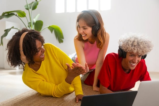 A diverse group of people participating in a lively virtual conference on their laptops, with a dynamic presenter on screen. The scene should convey engagement, connection, and the technological aspect of virtual events.
