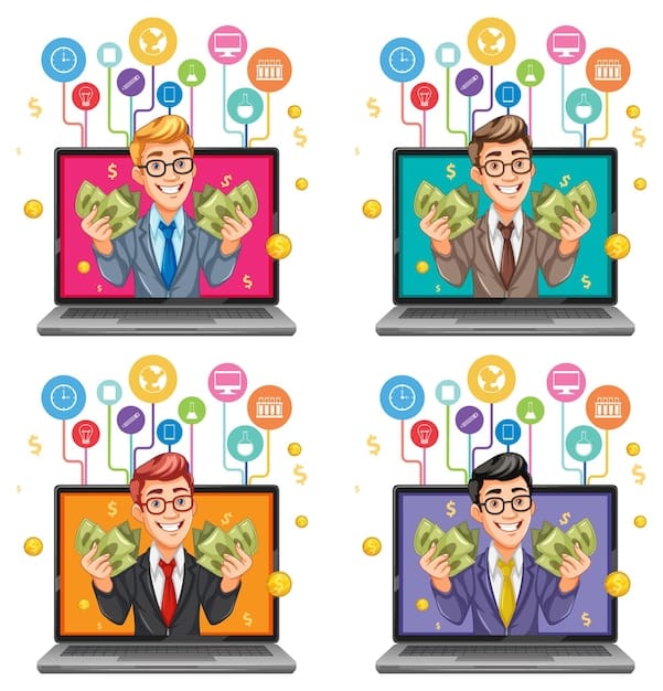 A person happily checking their income dashboard on a laptop, surrounded by icons representing different online job platforms.
