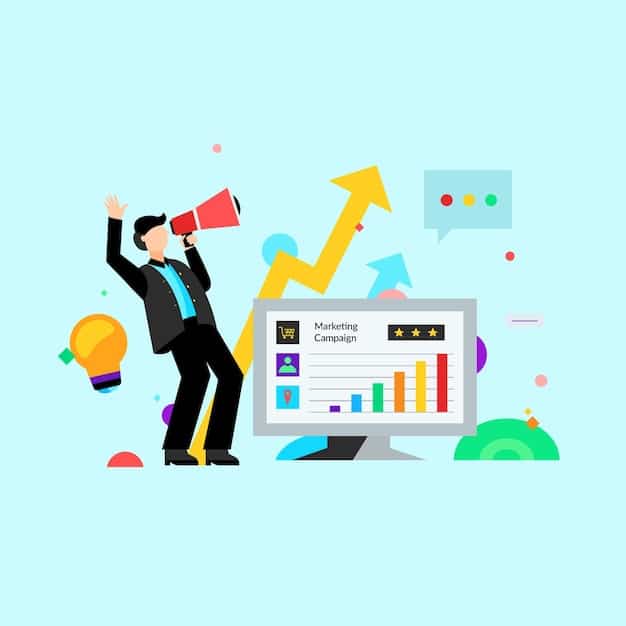 A person using a laptop, surrounded by social media icons, charts showing growth, and a megaphone to represent marketing efforts.