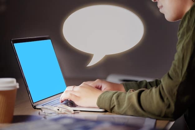 A person managing incoming client requests on their laptop. Communication bubbles are visible above the screen.