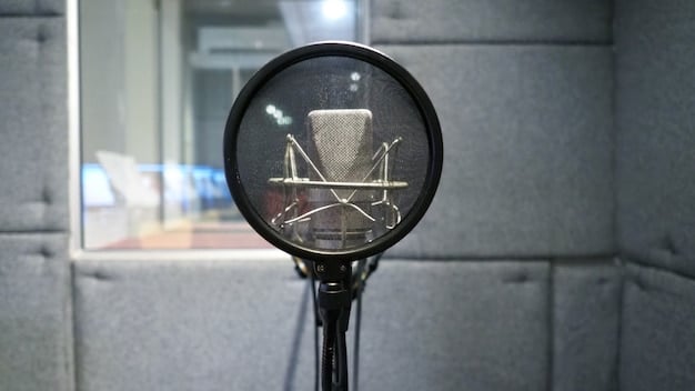 A close-up shot of a high-quality microphone with a pop filter in front of a blurred background of a recording studio.