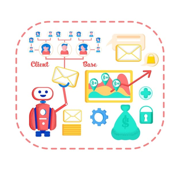 A detailed illustration depicting various business processes being automated - email marketing, social media posting, customer service inquiries, and data analytics. Each process is represented by a distinct icon and connected by a flowing network, symbolizing seamless integration and efficiency.