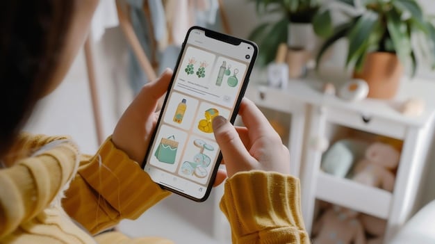 A hand holding a smartphone displaying a personalized e-commerce app interface, showing recommended products and personalized offers based on past purchase history and browsing behavior. The interface should be clean, intuitive, and visually appealing, emphasizing ease of use and relevance.