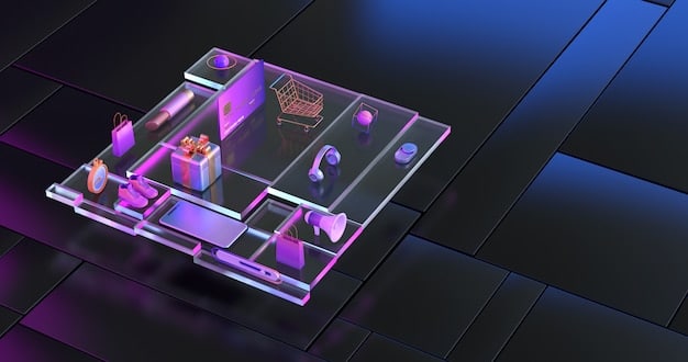 A visual representation of an AI-powered e-commerce platform. It shows data flowing between various components: a customer profile database, product recommendation engine, chatbot interface, and automated logistics system. The overall design has a clean, futuristic look.