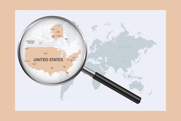 A digital illustration featuring a magnifying glass over a map of the United States, highlighting different key data points and demographic information. The image represents the process of conducting market research within the US.