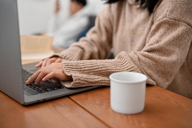 A close-up shot of a person's hands typing on a laptop, with a warm cup of coffee to the side, representing personalized online shopping experiences. The screen displays a customer loyalty program interface with options for rewards and discounts.