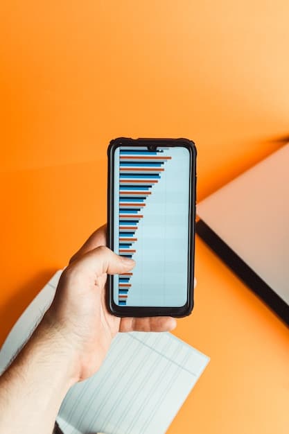 A close-up shot of a hand holding a smartphone displaying a stock chart with upward trending lines. In the background, there's a blurred office environment with people working at computers. The chart highlights REITs and their dividend yields.