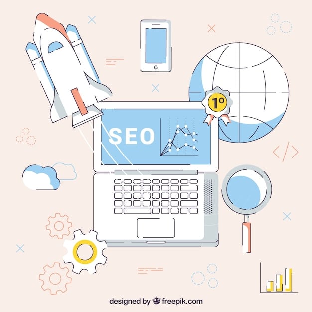 A person typing on a laptop, surrounded by SEO-related icons like keywords, graphs, and a magnifying glass.