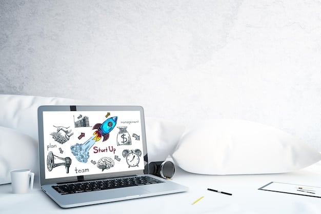 A graph showing an upward trend line overlaid on a laptop screen, surrounded by icons representing different digital product categories like education, health, technology, and creative arts.