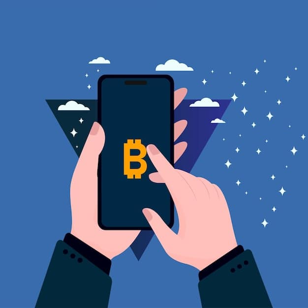 An illustration depicting a person holding a smartphone with a crypto wallet app open, showing staked coins and accruing rewards. The scene includes subtle digital currency symbols.