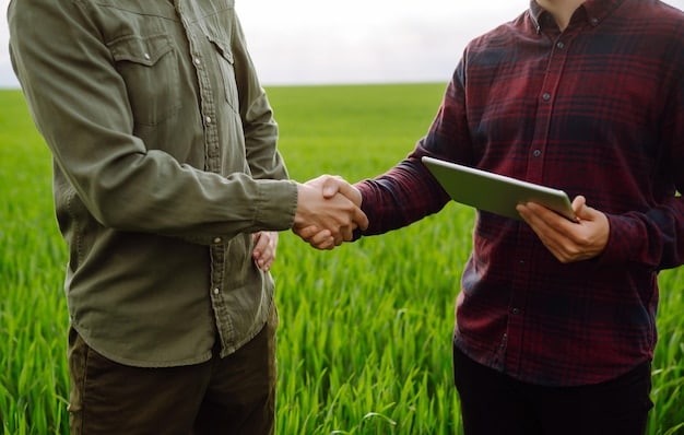 A farmer shaking hands with a loan officer in front of a rural bank, symbolizing the financing process for farmland acquisition.