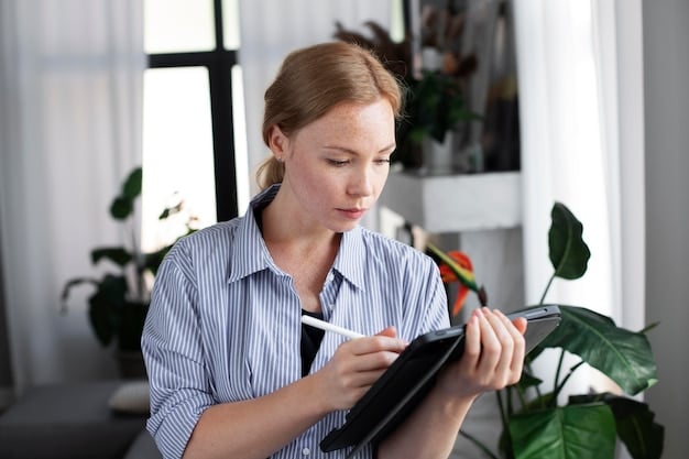 A freelancer reviewing financial documents and a Solo 401(k) contribution schedule on a tablet, with a pen in hand, indicating careful planning.