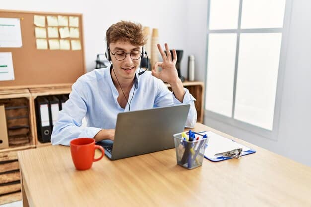 A freelancer on a video call with a credit card company representative. They're discussing payment options with a friendly, collaborative expression.