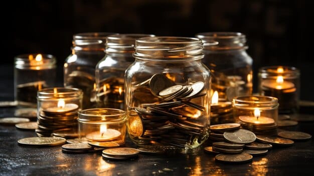 Hand placing coins into a glass jar labeled 