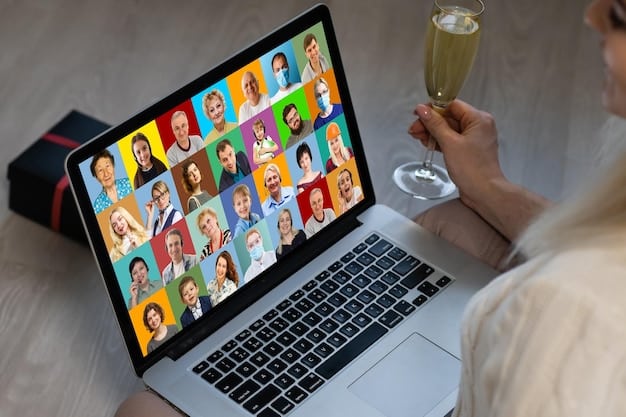 A freelancer attending a virtual networking event on their laptop. The screen shows multiple faces in a video conference, some smiling and waving. The freelancer is taking notes and actively participating in the discussion.
