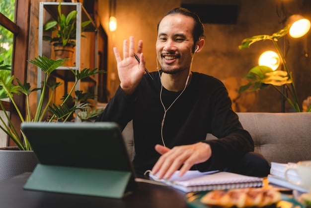 A freelancer confidently presenting a project to a client via video call, highlighting new skills and the project's success.