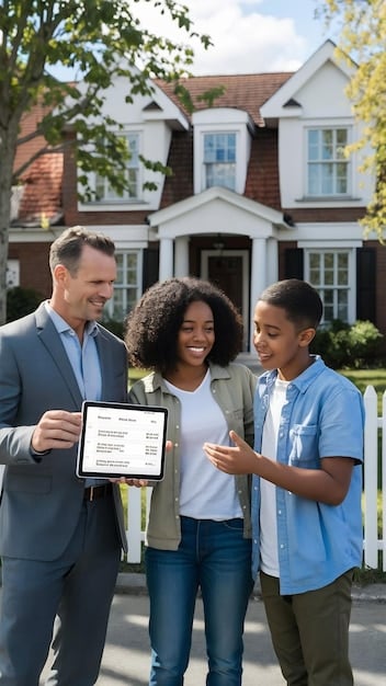 A diverse group of people, representing different generations, looking at a real estate agent's tablet showcasing graphs and a 7% increase in home values. They appear engaged and discussing the market.