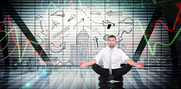 A person meditating calmly amidst a swirling, chaotic market graph background, symbolizing psychological resilience in volatile markets.