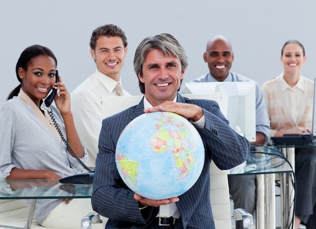A diverse group of international business people shaking hands in a modern office, representing global market diversification and expansion. The image should convey collaboration and future-oriented strategy.