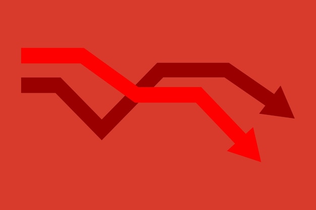 A downward sloping red arrow indicating a negative economic trend, contrasted with an upward sloping green arrow representing recovery, with small figures of people and businesses in the background struggling under pressure.
