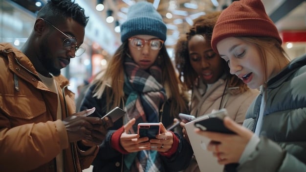 A diverse group of people digitally interacting with various shopping apps on their smartphones, illustrating the omnipresence of digital retail and consumer technology adoption.