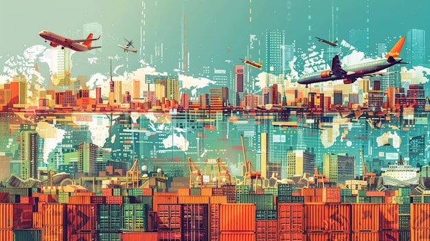 A visual representation of global supply chains and logistics, featuring cargo ships, airplanes, and warehouses, with data overlays showing the movement of goods between continents and the complexities of international trade.