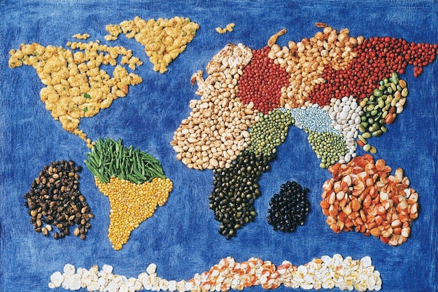 A diverse array of agricultural products (corn, wheat, soybeans, beef) arranged on a map of the world, with trade routes highlighted, representing global agricultural exports.