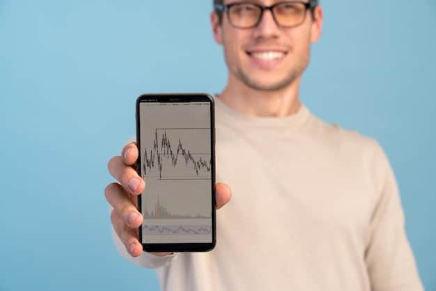 A person holding a smartphone, showcasing a trading app interface. The screen displays a clear, user-friendly dashboard with real-time stock prices, a 'buy' button highlighted, and portfolio performance graphs. The background is slightly blurred but suggests a bright, modern indoor setting, emphasizing accessibility and digital investment.
