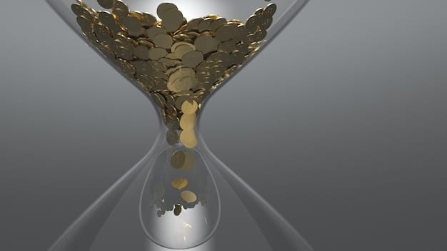 A visual representation of time passing through a hourglass, with coins and growth arrows emerging from the bottom, symbolizing the accelerated accumulation of wealth due to the long-term effect of compounding interest in investments.