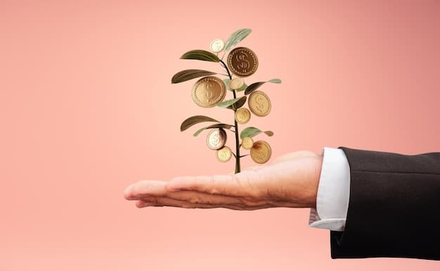 A person's hand holding a small plant growing out of coins, with a blurred background of a complex financial document, symbolizing the delicate balance of growth and risk in investments.