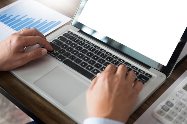A close-up of hands typing on a laptop with a financial graph on the screen, illustrating the practical steps of setting up an online investment account or conducting financial research.