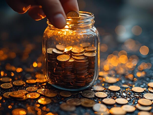 A close-up of a hand placing a coin into a transparent savings jar labeled 