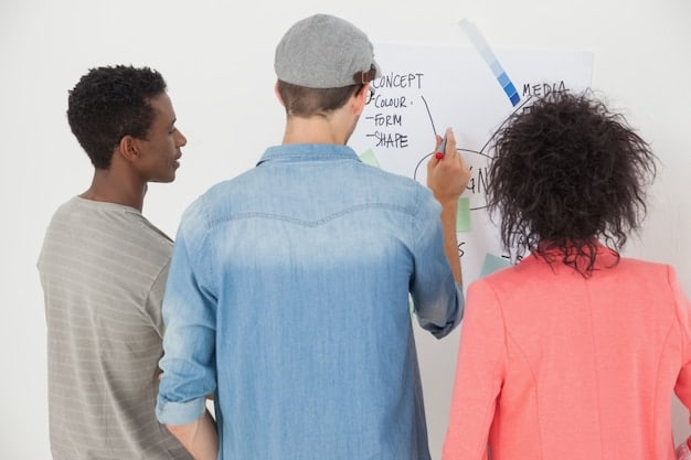 A diverse group of people attending a financial literacy workshop, with a whiteboard showing interconnected concepts like 'diversification', 'risk management', and 'long-term strategy', symbolizing education for new investors.
