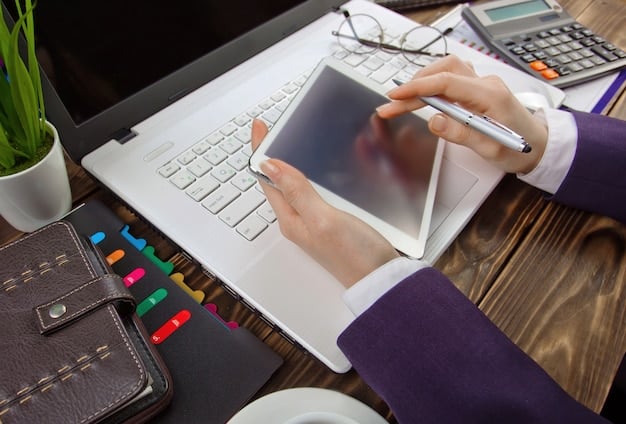 A visual representation of a financial risk assessment questionnaire on a laptop screen, with a hand holding a pen, symbolizing the self-evaluation process of determining investment risk tolerance.