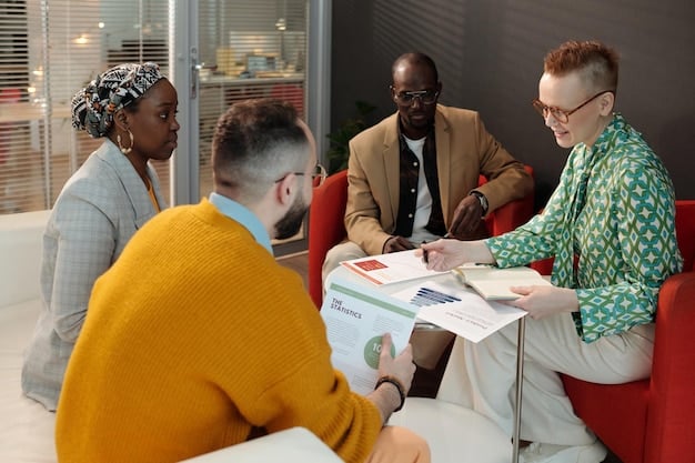 A diverse group of people sitting around a table, actively discussing financial documents and charts, symbolizing financial planning, collaboration, and various perspectives on investment risk.