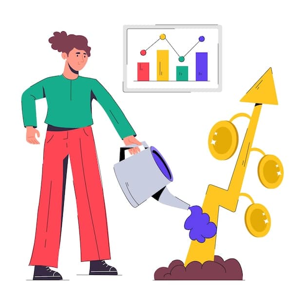 A person holding a magnifying glass over a financial chart that shows volatility, with an 'X' over a hand trying to grab money, symbolizing common investment pitfalls like market timing