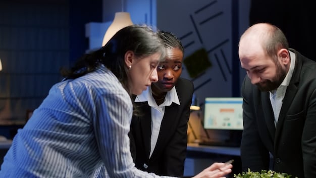 A diverse team of business professionals huddled around a large desk, intensely analyzing financial data projected onto a screen, with tax codes and graphs visible, symbolizing strategic business planning in response to new tax laws.