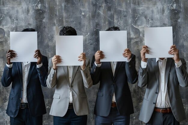 A diverse group of people looking worried and holding resumes, standing outside a brick building with a 