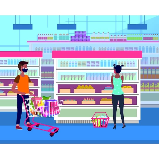 A bustling American supermarket aisle, shoppers with carts, shelves stocked with various goods, ambient lighting, illustrating rising consumer prices.