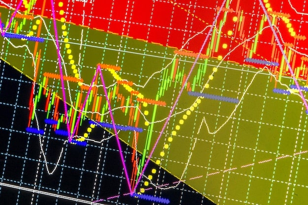 A dynamic chart displaying fluctuating stock market lines with economic indicators superimposed on a backdrop of international flags, symbolizing global interconnectedness and market volatility.