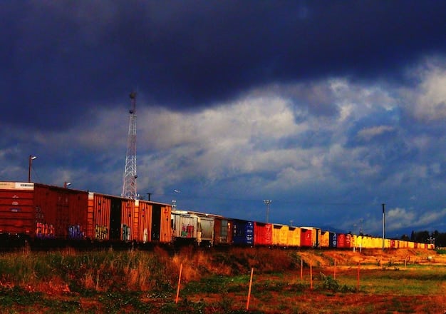 A bustling port in an American city, with shipping containers being loaded onto trains, illustrating a well-functioning domestic supply chain and efficient logistics.