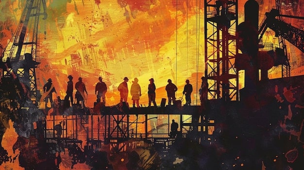 A bustling construction site with multiple cranes and workers in hard hats, illustrating job creation and economic activity in infrastructure development.