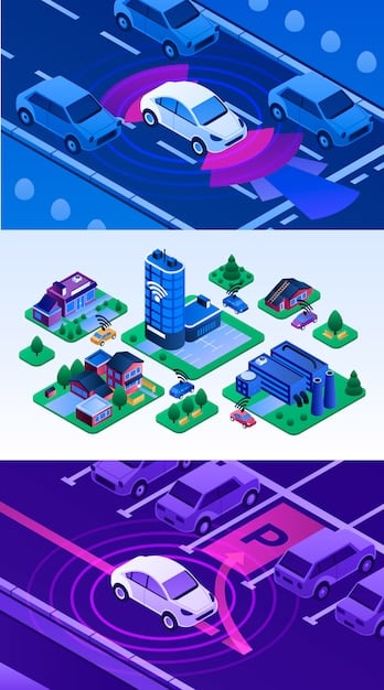 A detailed digital schematic of a smart city, showing interconnected sensors, smart lights, and autonomous vehicles, representing technological advancements in urban infrastructure.