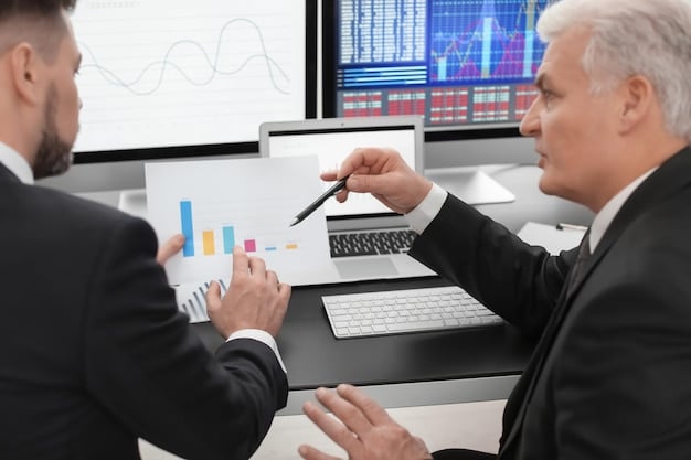 A detailed financial dashboard displaying corporate debt levels, interest rate forecasts, and investment project statuses, with a focused business analyst.