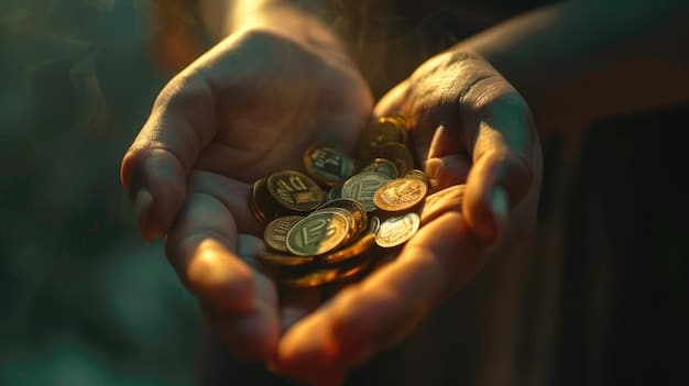 A digital illustration showing hands holding cryptocurrencies like Bitcoin and Ethereum, with a large 