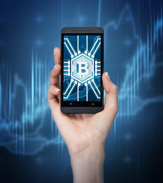 A close-up of a hand holding a hardware wallet, with digital padlock icons floating around it, symbolizing secure cryptocurrency storage. The image should convey trust and advanced encryption.