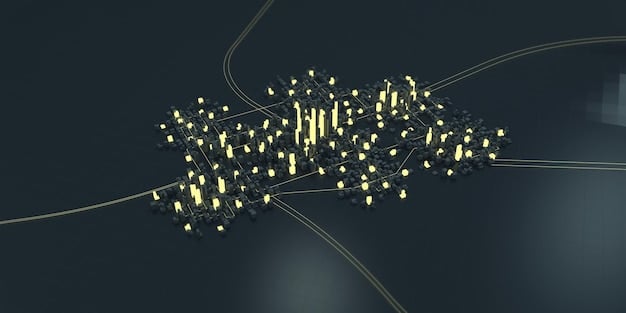A stylized image of interconnected blockchain nodes representing DeFi, with small regulatory symbols overlaying some connections, depicting increasing oversight.