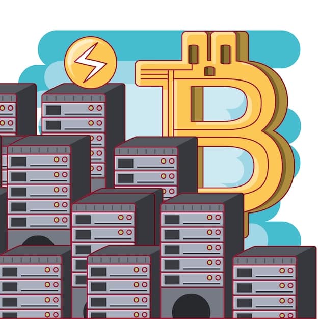 A detailed diagram showing the flow of electricity to multiple racks of Bitcoin mining ASICs in a large data center, emphasizing cooling systems and efficient power distribution.