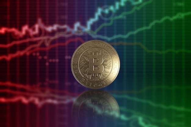 A digital render of a Bitcoin graph showing upward trends interspersed with dips, against a blurred background of a modern data center, symbolizing market volatility and strategic decision-making.